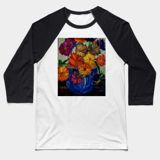 Some abstract vibrant colorful flowers in a glass vase with gold accent on base and top of vase Baseball T-Shirt